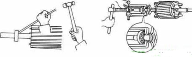 圖1-1-3使用拉拔器拆卸軸承。圖1-1-4取下軸承的絲錐